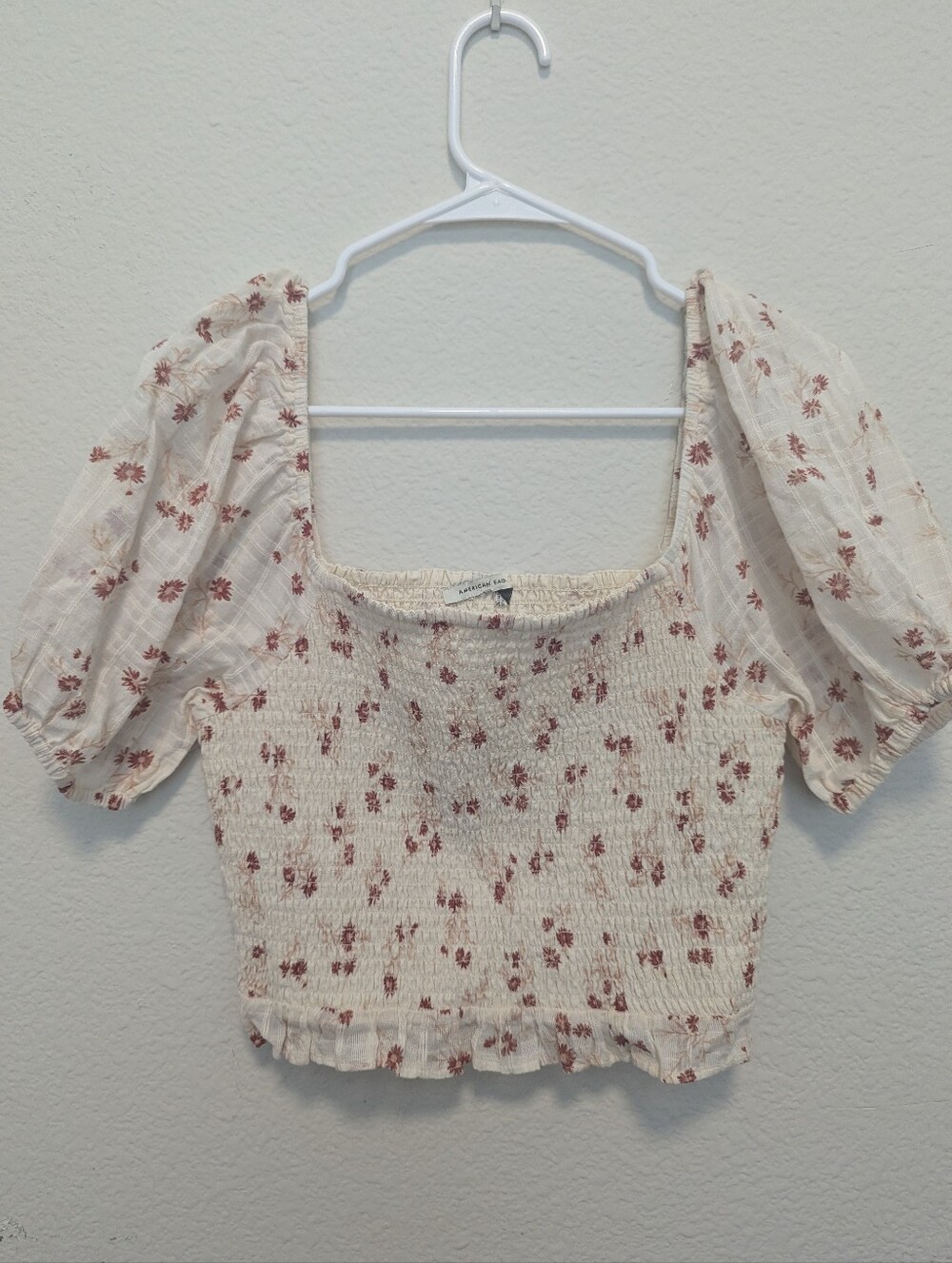 American Eagle Outfitters Cream Floral Smocked Crop Top